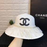 Chanel·純手珍珠配飾流蘇邊草帽