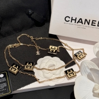 Chanel·方形Logo黑色拼淺金穿皮項鏈